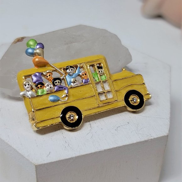 Cute Yellow School Bus Pin Brooch Enameled, Kids, Rhinestones - Picture 7 of 7